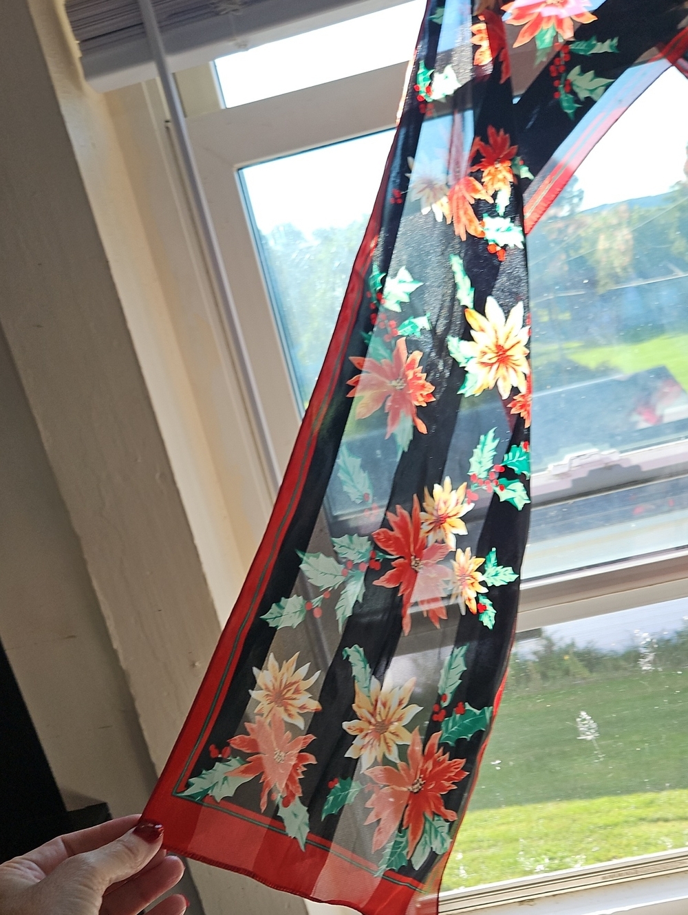 Vintage Ladies Christmas Sheer Black Scarf with Red and Floral Accents